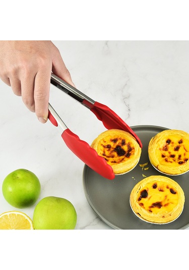 Xiyyadms Yüksek Isıya Dayanıklı Silikon Uçlu Paslanmaz Çelik Mutfak Maşası - 230 C'ye Kadar Kırmızı