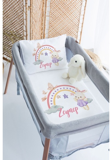 Lilabio %100 Pamuk Saten İsme Özel İsimli 70x120 Park Yatak Nevresim Seti Gökkuşağı Tavşan