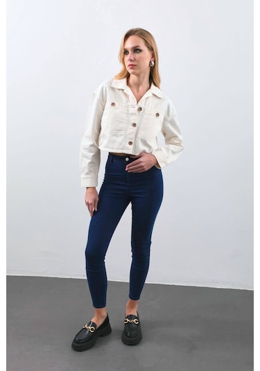 Kadın Ekru Crop Kesim Jean Ceket ekru