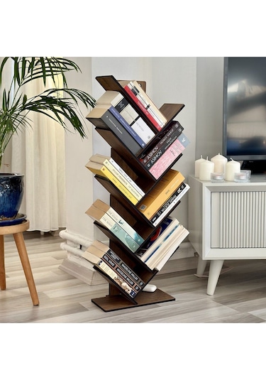 Mk10 - Geometrik 8 Raflı Ağaç Kitaplık Ceviz