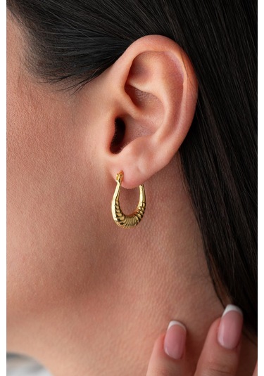 925 Ayar Gümüş Gold Rengi Çizgili Oval Tasarım Şarnel Küpe Gold