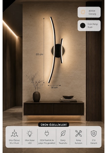 Yumi Modern Led Duvar Apliği Günışığı Siyah
