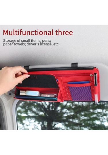 Bej Araba Organizatör Güneşlik Depolama Araba Güneşlik Klip Deri Saklama Kutusu Kalem Kart Bilet Güneş Gözlüğü Klip Çanta Araba Aksesuarları