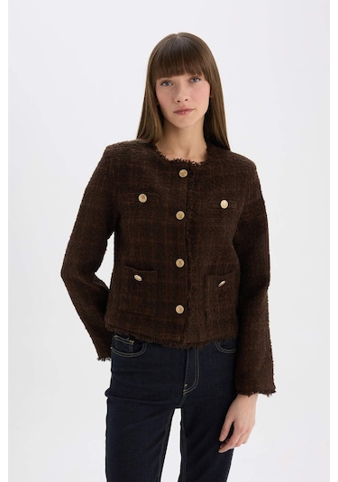 Defacto Regular Fit Bisiklet Yaka Tweed Blazer Ceket D8460ax24aubn298 Kahve