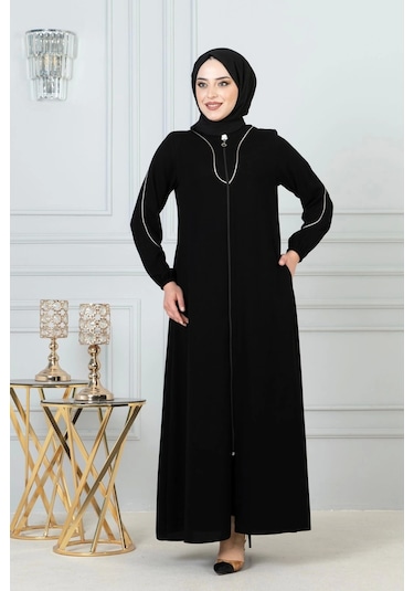 Beyaz Biye Detaylı Ferace - Siyah Siyah