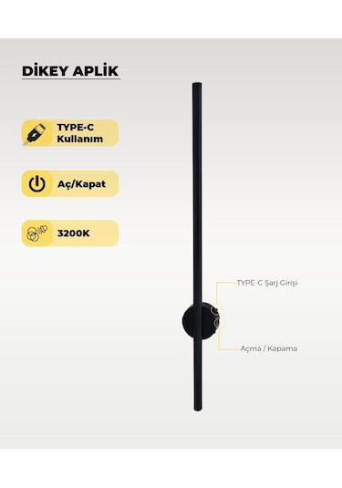 Şarjlı Siyah Dikey Aplik 3200k Sarı Işık Elektrik Gerektirmez Siyah