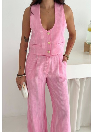 Çizgili Kumaş Yelek Takım Pembe Pembe