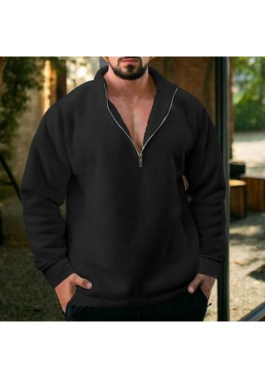 Erkek Yarım Fermuar Polar Kazak Üst Düz Renk Rüzgar Geçirmez Sonbahar Kış Uzun Kollu Yaka Kazak Beyaz