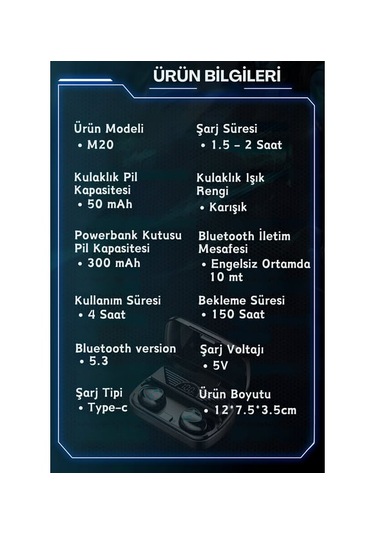 Bukrem Store BUK-M20 Bluetooth 5.3 Kablosuz Kulak İçi Kulaklık