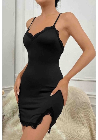 Merry See İki Taraf Yırtmaçlı Askılı Şık Gecelik Siyah