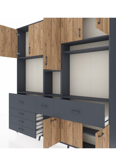 Arges Dolap 10 Raflı 6 Çekmeceli 8 Kapaklı 220x30x243 Antrasit-çam/antrasit Atlas Çam/antrasıt