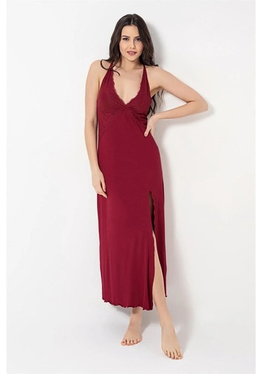 Monamise Kadın Kırmızı Göğüs Ve Sırt Dekolteli Dantelli Yırtmaçlı Gecelik 18491 Kırmızı