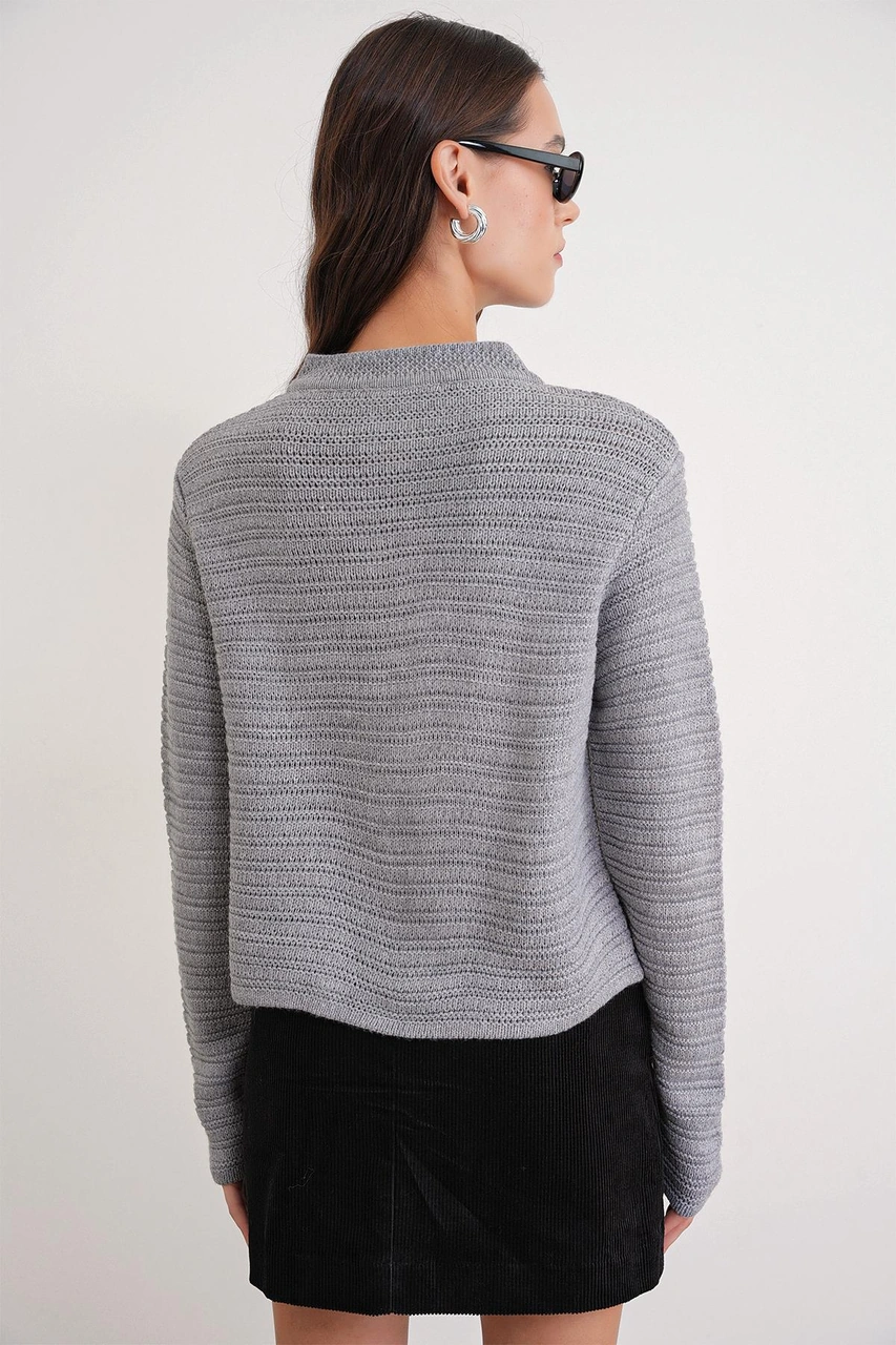 6778 Kadın Links Desenli Crop Triko Hırka Gri Gri