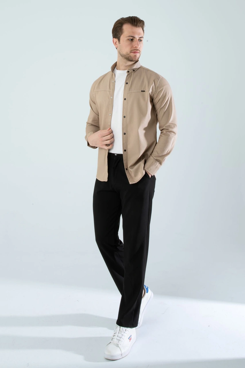 Slim Fit Erkek Cepsiz Kot Gömlek Bej