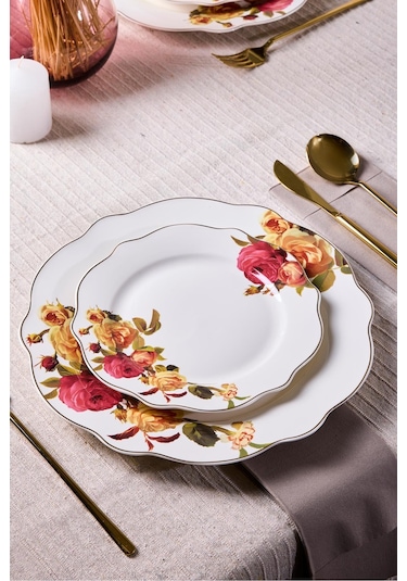 Porselen Rose Garden Bone 24 Parça 6 Kişilik Yemek Takımı Desenlı Desenli