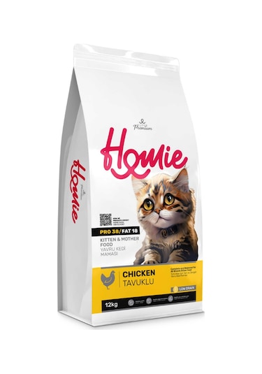 Homie Super Premium Düşük Tahıllı Tavuklu Yavru ve Anne Kedi Maması 12 KG