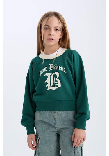 DeFacto Kız Çocuk Relax Fit Bisiklet Yaka Baskılı İçi Yumuşak Tüylü Sweatshirt D7042A824WNGN1116 Yeşil