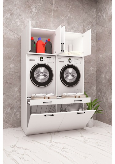 Mdf Çamaşır Makinesi Ve Kurutma Makinesi Dolabı Çift Sepetli Beyaz