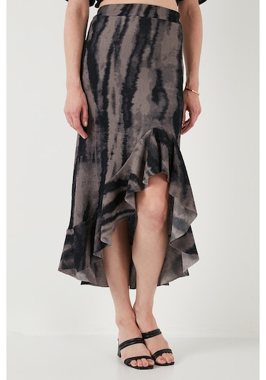 Lela Regular Fit Desenli Yüksek Bel Volanlı Midi Boy Yırtmaçlı Bayan Etek 5869013 Siyah