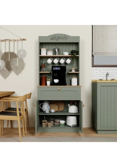 Lucas 2 Kapaklı Çekmeceli Kahve Köşesi Ve Çok Amaçlı Mutfak Dolabı - Açık Ceviz & Yeşil Yeşil