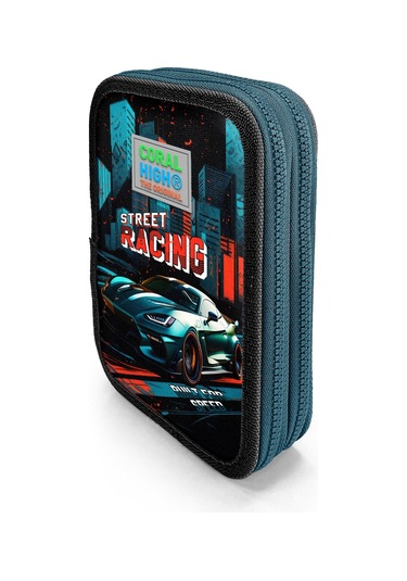 Coral High Kids Siyah Nefti Yarış Arabası Desenli Çift Katlı Kalem Çanta 11151 Antrasit