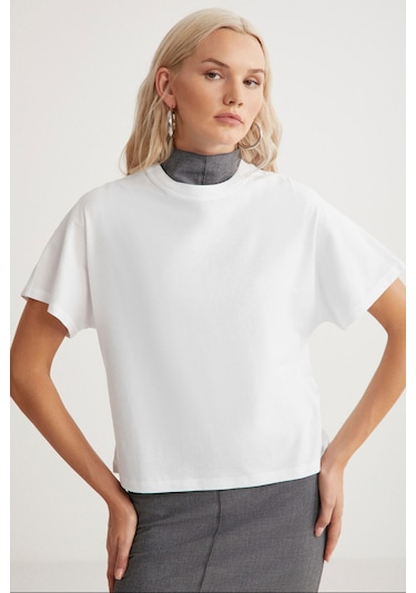 Lottie Kadın Regular Kalıp Bisiklet Yaka %100 Pamuk Kısa Kollu Beyaz T-shirt