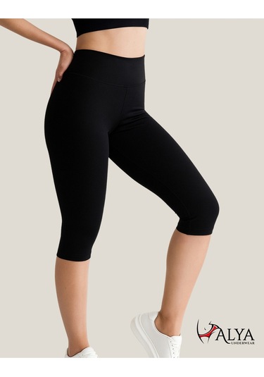 Diz Altı Kapri Tayt Yüksek Bel Likralı Parlak Dalgıç Kumaş, Antrasit Füme SiYAH