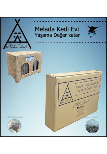 Melada Kedi Evi Dış Ortam Uygun Ahşap Kedi Evi Double Osb 61x41x36 Cm