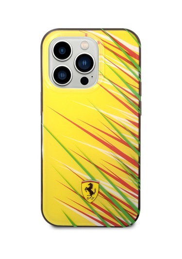 İphone Uyumlu 14 Pro Max Kılıf Ferrari Lisanslı Baskı Logolu Çimen Desenli Kapak Sarı
