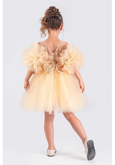 Kız Çocuk Abiye Elbise Ponpon Kol Pul Payetli Tütülü Altın