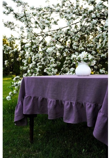 Buldan Keten Fırfırlı Vintage Mor Masa Örtüsü Mor