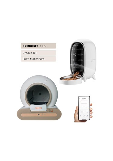 Groove Ti+ Wi-fi Akıllı Otomatik Kedi Tuvaleti Kahverengi + Petfit Meow Pure 3l Wi-fi Kameralı Akıllı Otomatik Mama Kabı Besleme Ünitesi Bundle