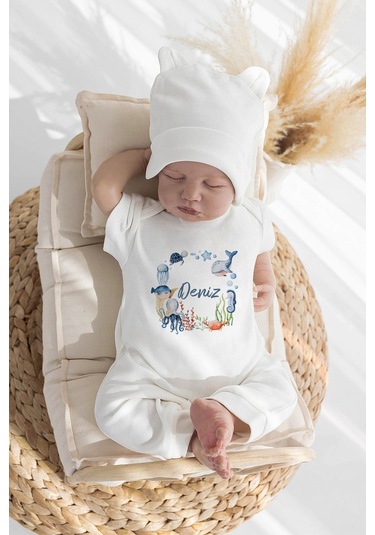 Lilabio %100 Organik Isme Özel Isimli 10lu Hastane Çıkışı Deniz Canlıları Ekru