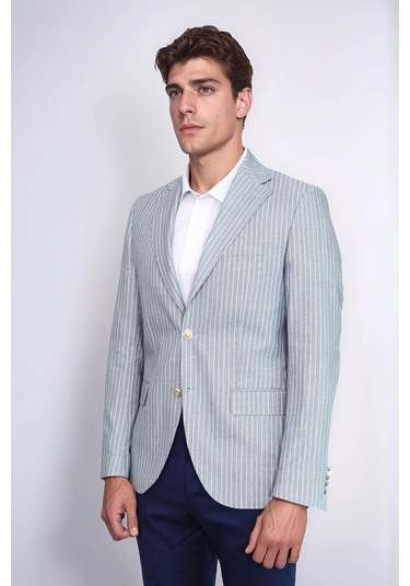 Açık Mavi Çizgili Keten Dokulu Gold Renk Metal Düğmeli Slim Fit Erkek Blazer Ceket Wessi Navy Blue