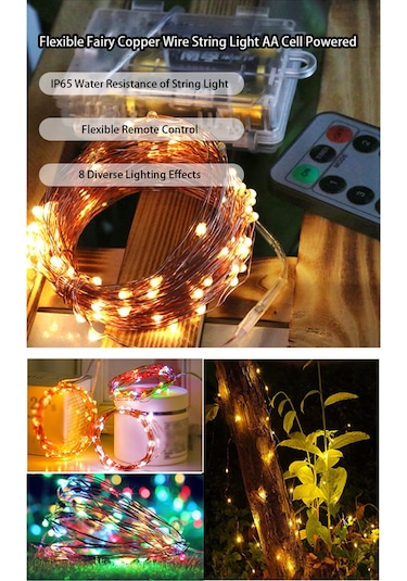 Konesam 5 Metre Renkli Led Tellı Işık, 8 Modlu Kumanda Kontrol, Ip65 Su Geçirmez, Bahçe Ve Bayram Dekorasyonu Pil Yok