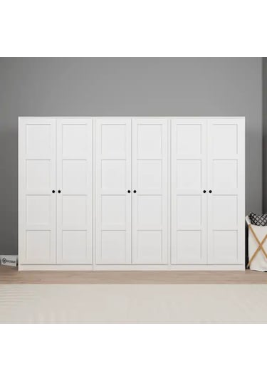Lucas 6 Kapaklı 10 Raflı Elbise Dolabı - Gardırop Seti Beyaz 282 Cm Beyaz