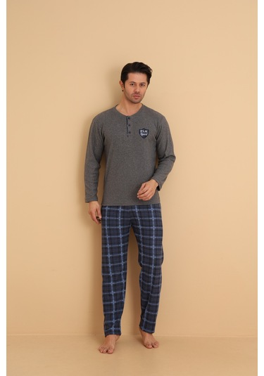 Flkn 7015 İnterlok Kışlık Ekose Pijamalı Erkek Pijama Takımı Füme