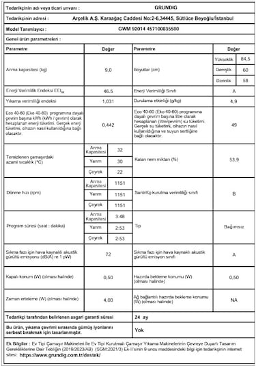 Grundig GWM92014 1200 Devir 9 KG Çamaşır Makinesi