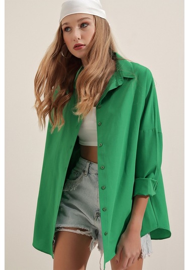 Bigdart 3900 Oversize Uzun Basic Gömlek - Yeşil 001