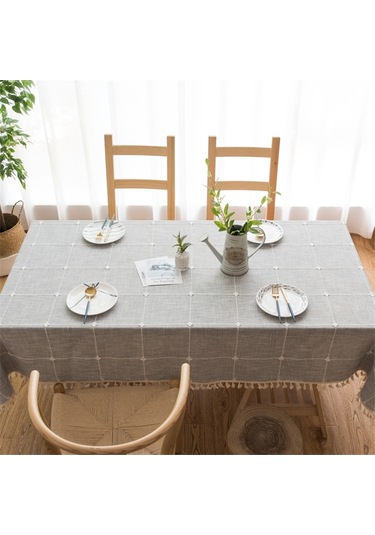 Kare Kafes İşlemeli Masa Örtüsü Saf Renk Pamuk Keten Püskül Dikdörtgen Sehpa Mat, Boyutu: 90x140cm Gri Gri
