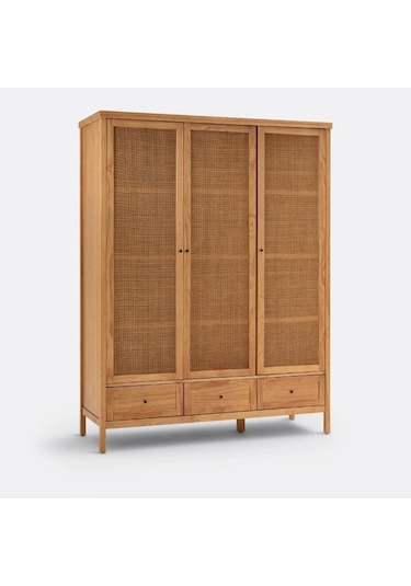 Altea Rattan Detaylı Geniş Masif Gardrop Ahşap