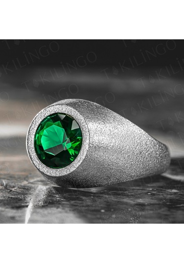 925 Ayar Gümüş Yuvarlak Yeşil Zirkon Taşlı Sade Erkek Yüzük Gümüş