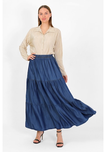 Beli Lastikli Büzgülü Tensel Etek Koyu Mavi