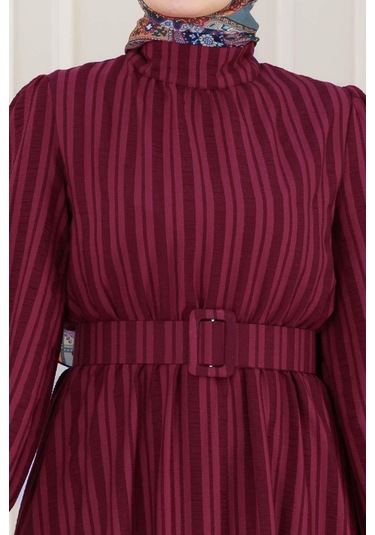 Kolu Volanlı Kemerli Henna Elbise-bordo-5053 Bordo