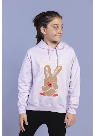 Toontoy Kız Çocuk Tavşan Baskılı Kapüşonlu Sweatshirt Açık Pembe