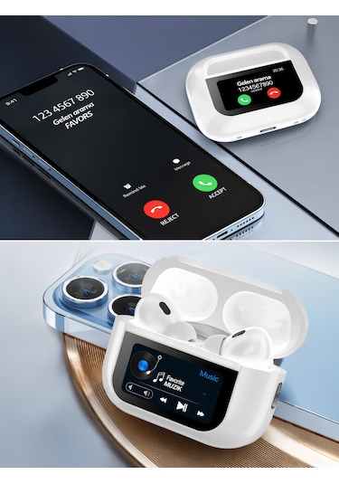 Akıllı Ekranlı Bluetooth Kulaklık Dokunmatik Ekranlı Şarj Kutusu Beyaz