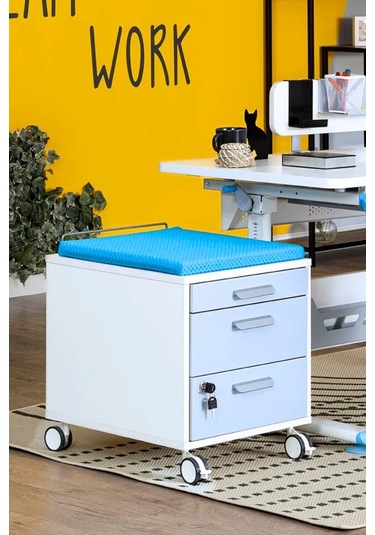 Creo Mobili Çekmeceli Kilitli Tekerlekli Vega Keson, Oturulabilir Ofis Ve Ev Komodini, Beyaz/mavi