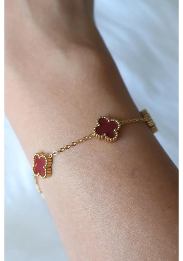 Gold Bordo Doğal Taşlı Premium Çelik Bileklik Gold