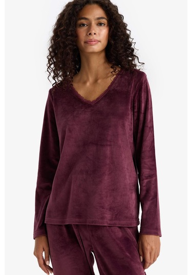 Defacto Pijama Takımı Regular Fit Uzun Kollu Velur Üst Uzun Alt-fall İn Love E8691ax25wnbr232 Bordo-br232