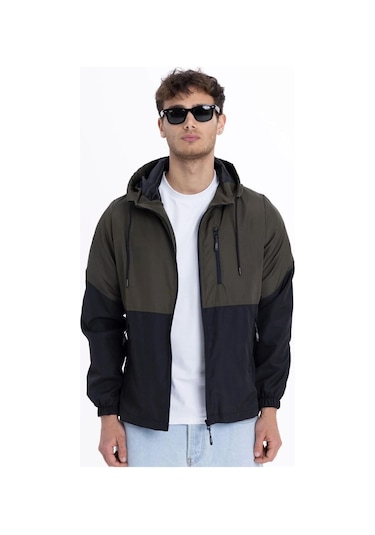 İçi Astarlı Su Ve Rüzgar Geçirmez Cepli Erkek Yağmurluk Haki - Siyah